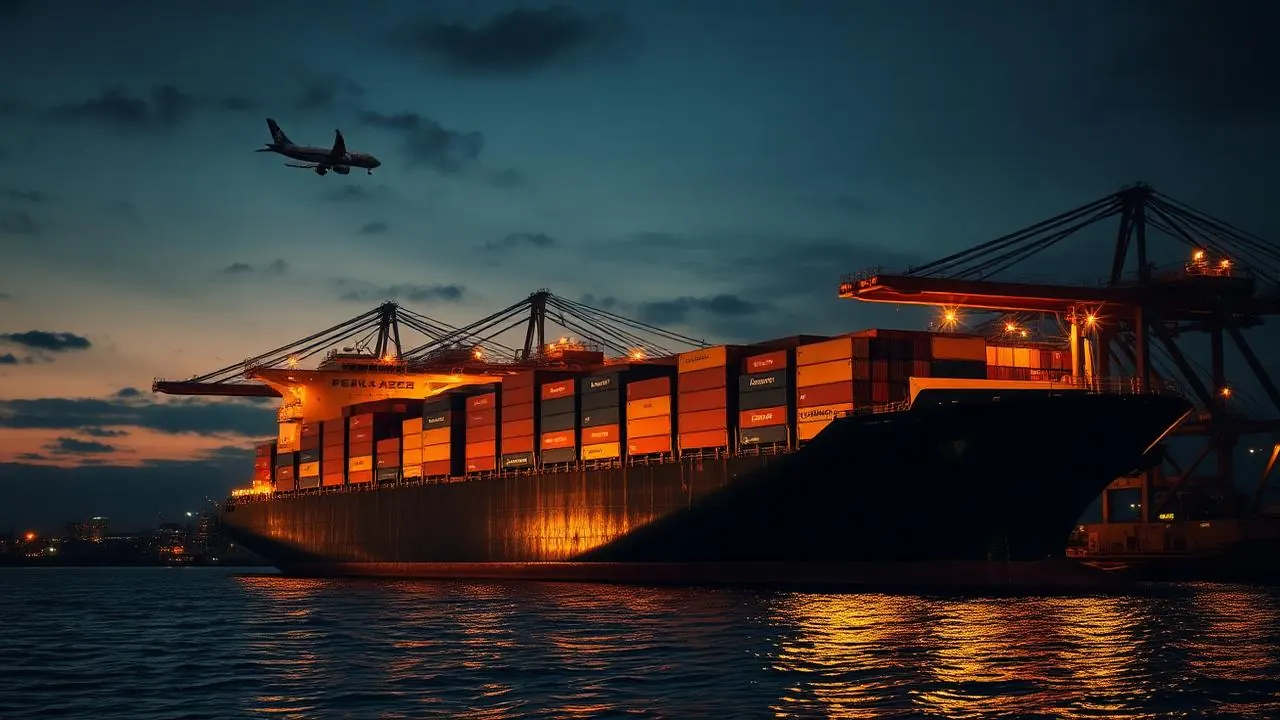 Navio porta-contêineres em porto internacional ao entardecer