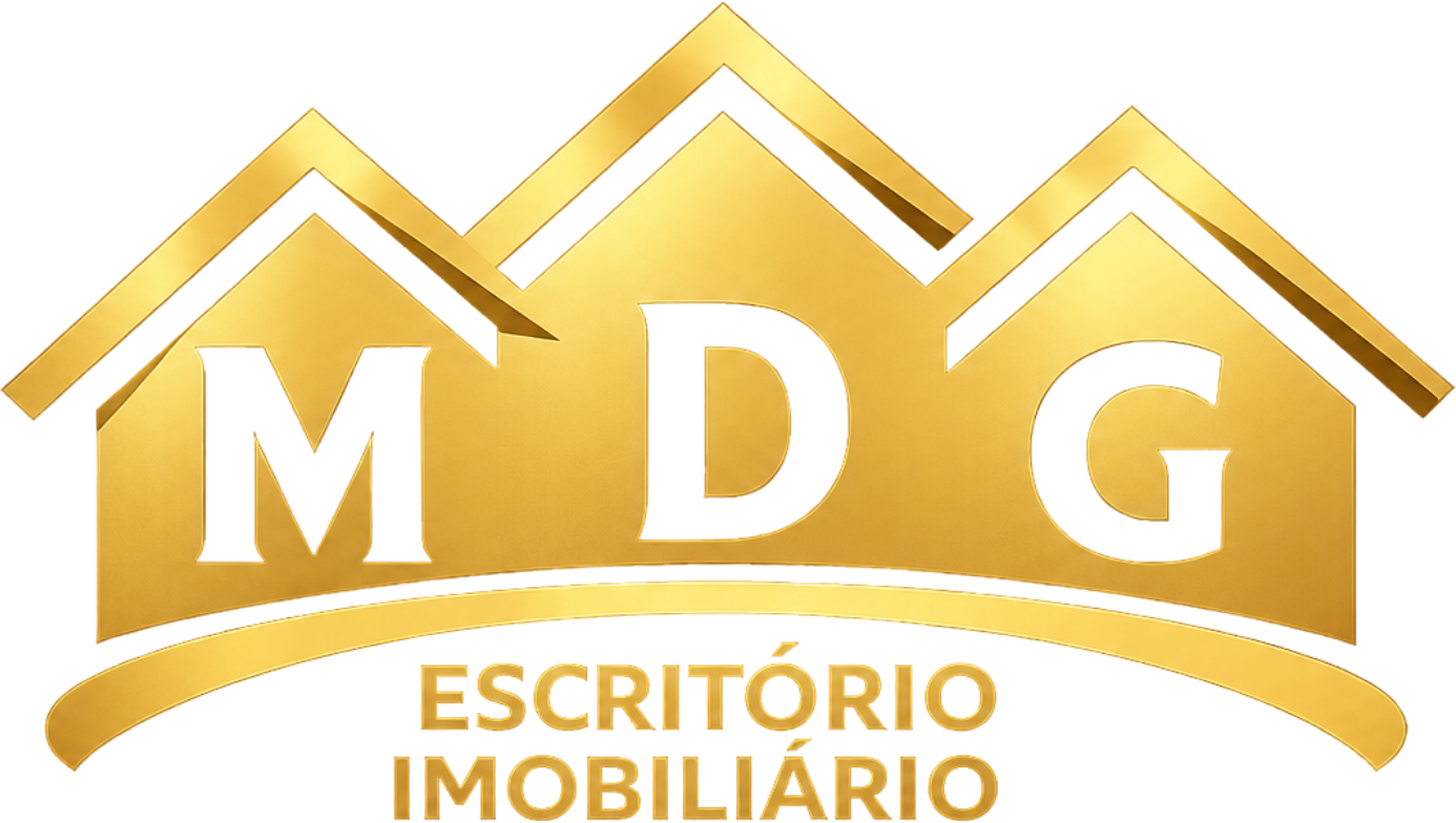 Logotipo MDG Escritório Imobiliário — telhados dourados com as letras MDG